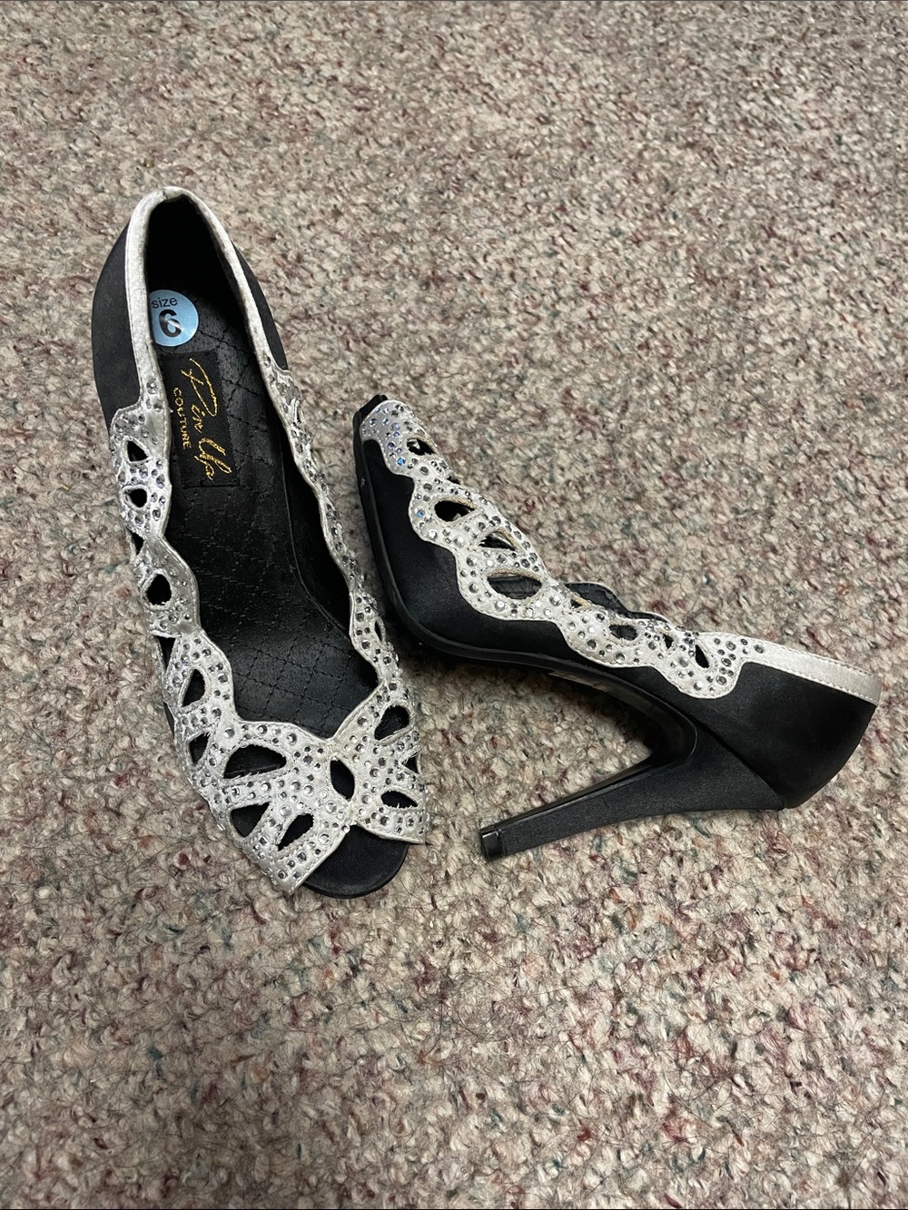 Pin up couture Black satin crystal accent High Heel Peep-Toe Pumps